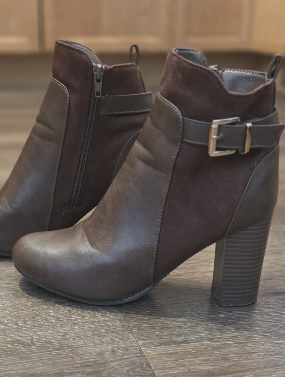 Brown Faux Leather & Suede Buckle Ankle Booties | Size 8